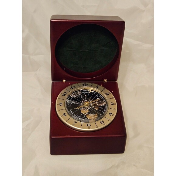 Vintage Quartz World Time Clock Airplane Hand Desk Wooden Box - Picture 4 of 6